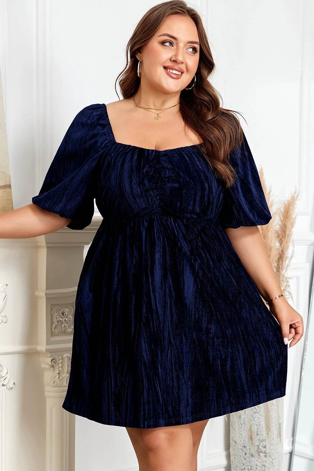navy blue velvet ruched bust square neck short puff sleeve plus dress for women casual everyday outfit