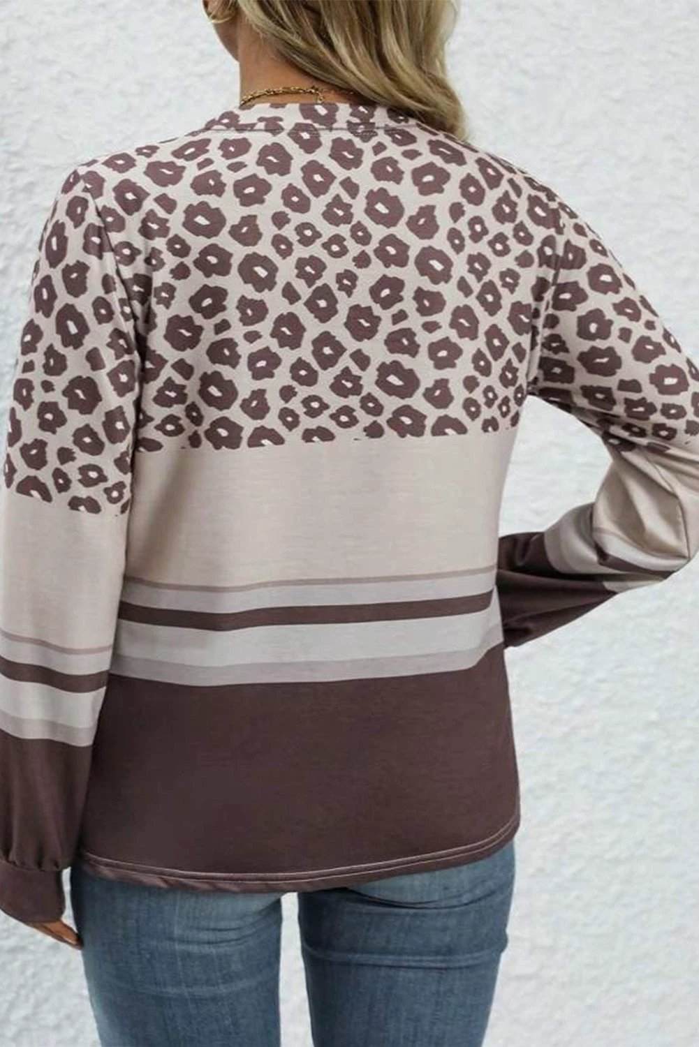 Dear-Lover Dropshipping Coffee Plus Size Leopard Striped Long Sleeve Crew Neck Top - Plus Size/Plus Size Tops/Plus Size Long Sleeve Tops