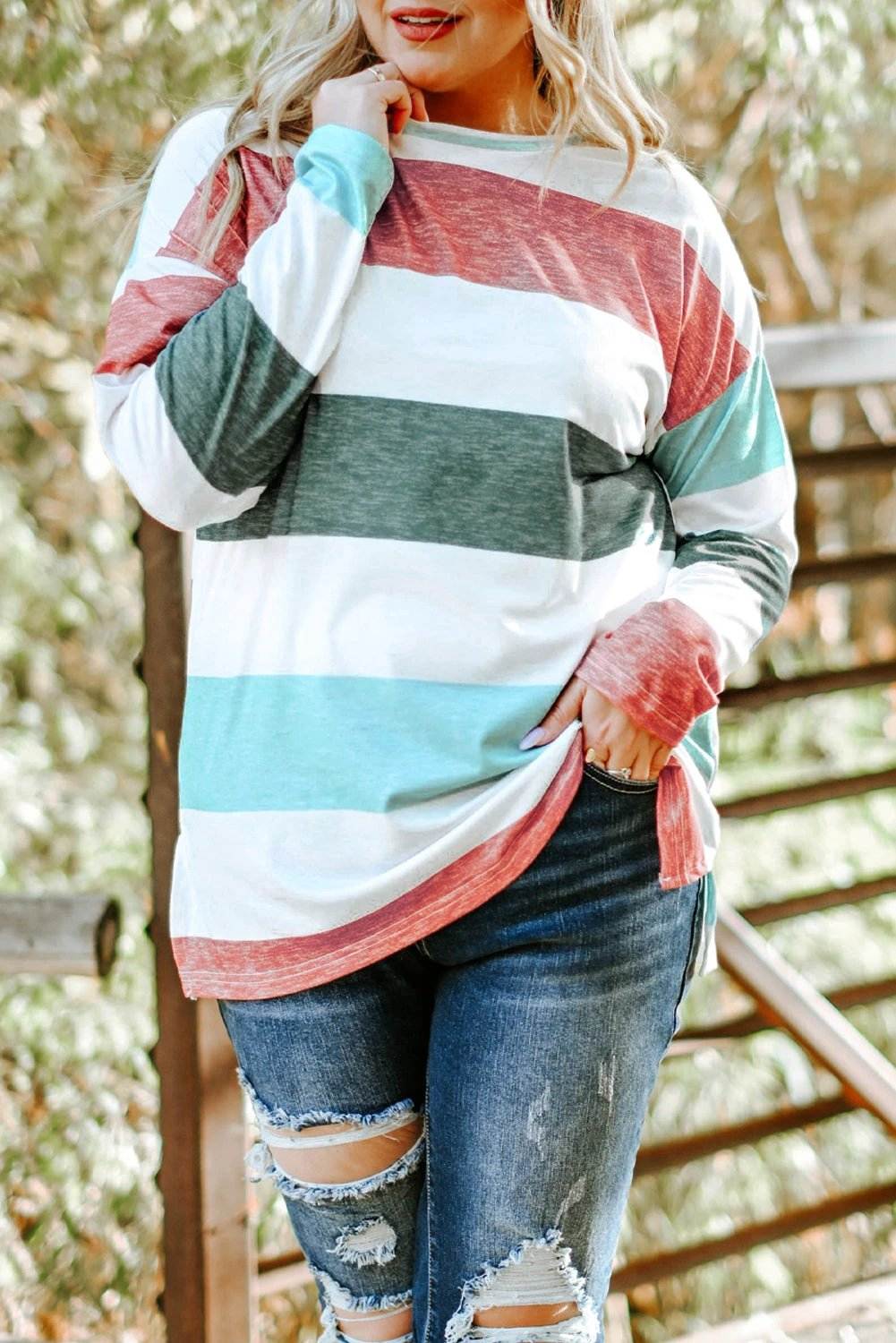 green plus size colorblock pullover top for women casual everyday outfit