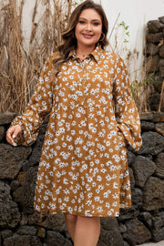 Plus size daisy floral print dress with puff sleeves and split neck on khaki background