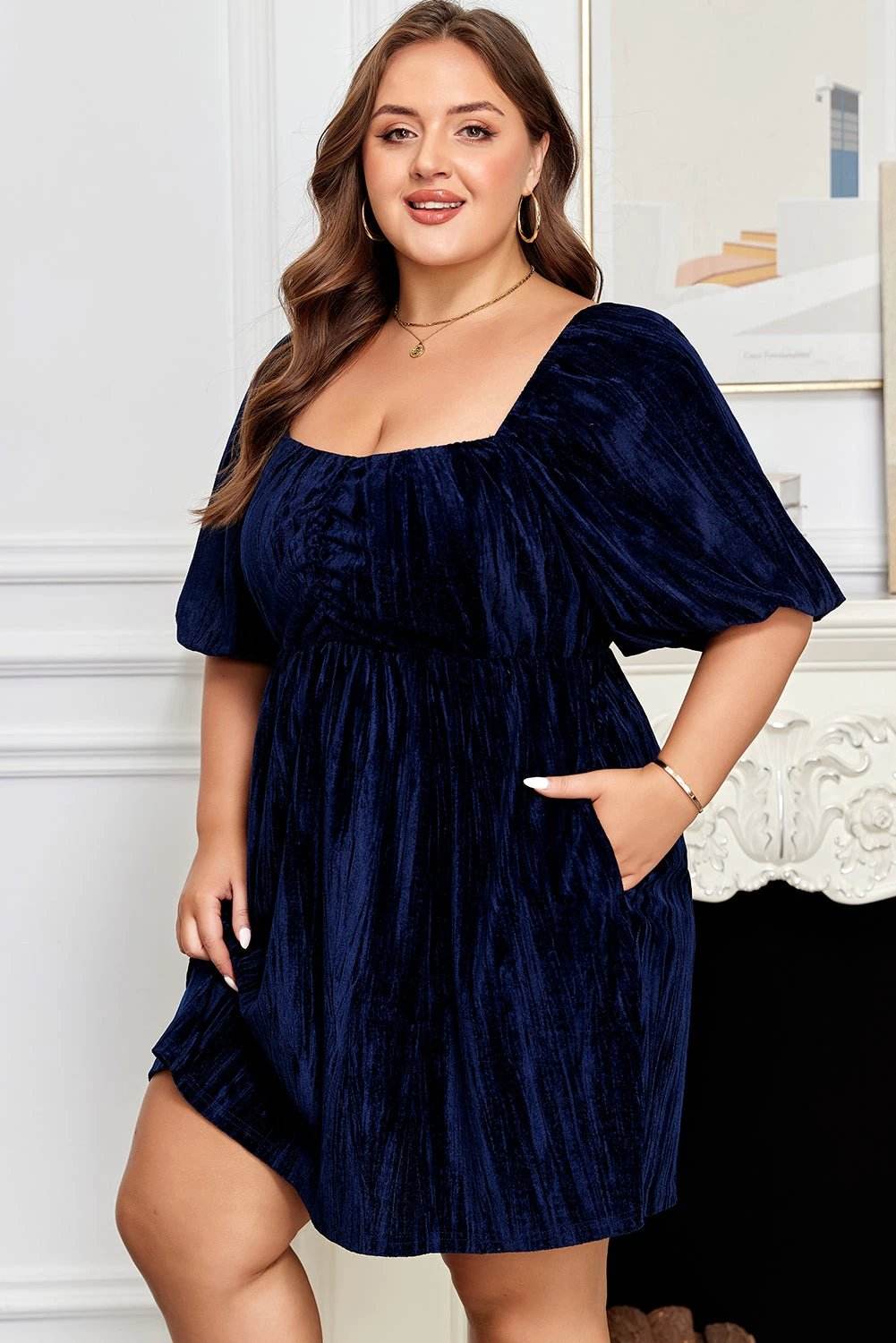 navy blue velvet ruched bust square neck short puff sleeve plus dress for women casual everyday outfit