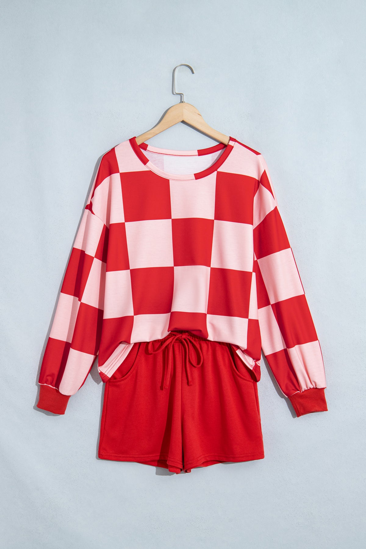 Checkerboard Plaid Long Sleeve Solid Color Shorts Two-Piece Set