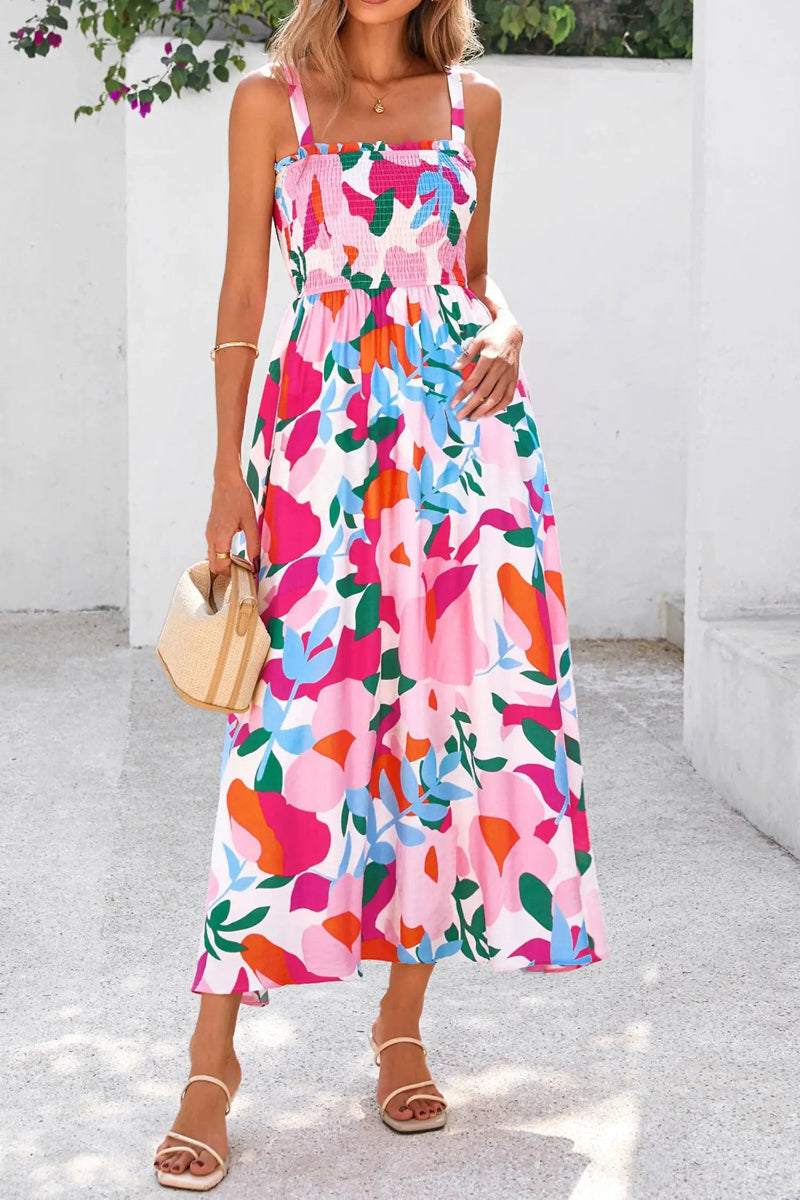 Floral High-Waist Sundress with adjustable straps and smocked bodice