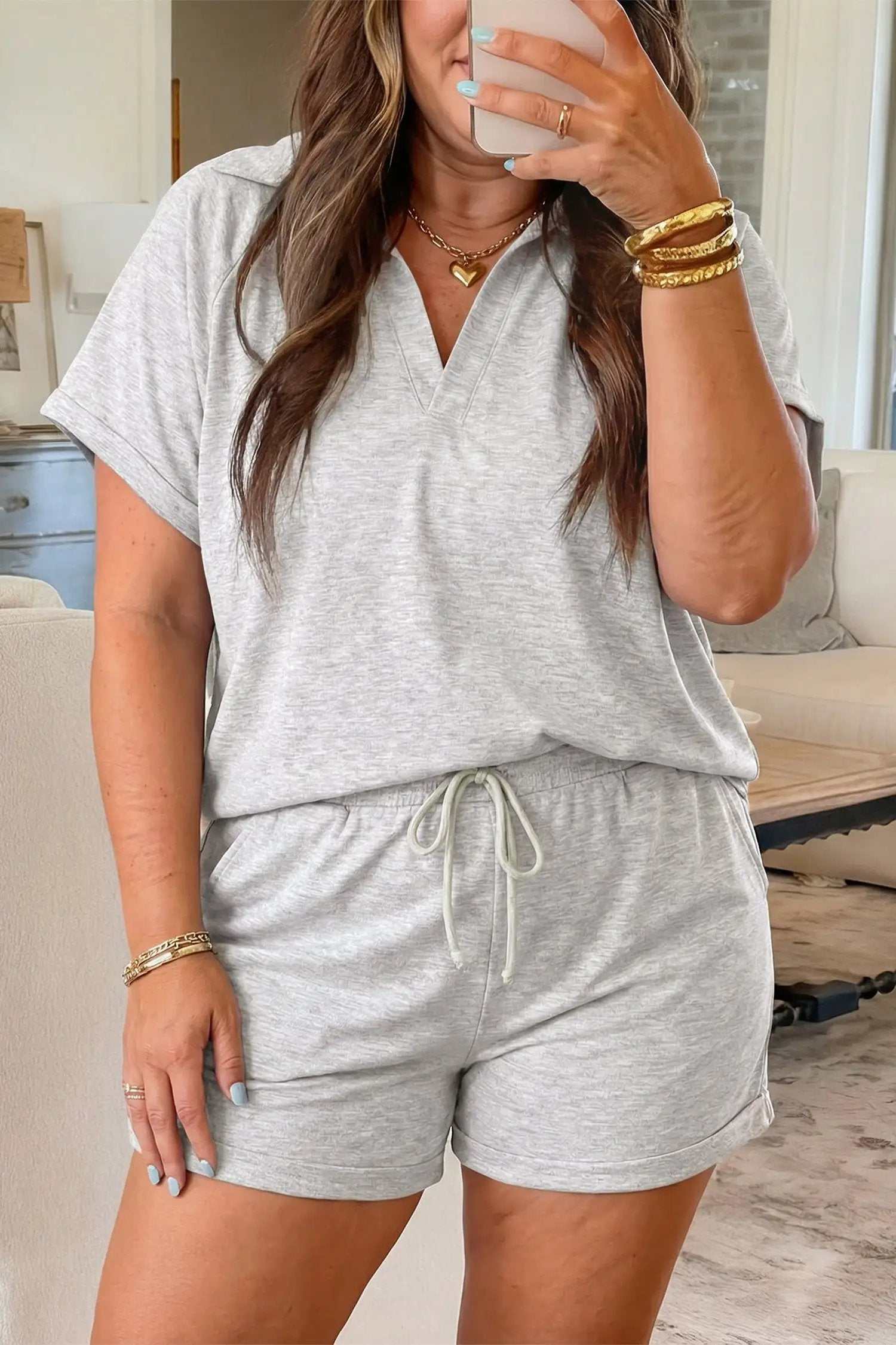 Plus Size Two Piece Outfit Set with V-neck short sleeve top and elastic waist bottoms