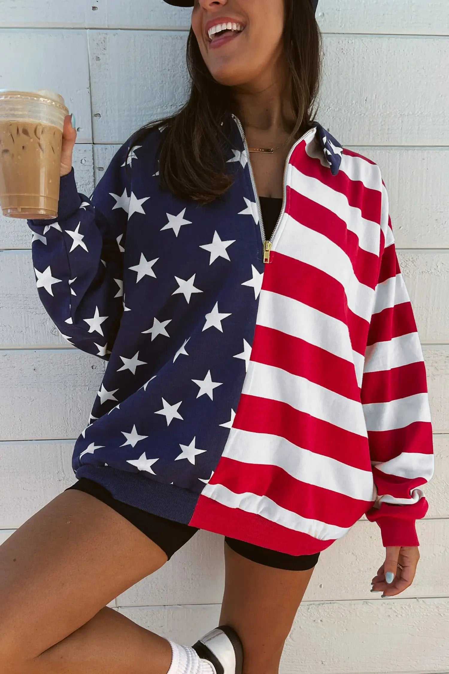 Oversized American Flag Sweatshirt with zipped collar patriotic casual top