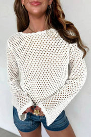 Hollow Out Knit Top with scalloped trim and long sleeves