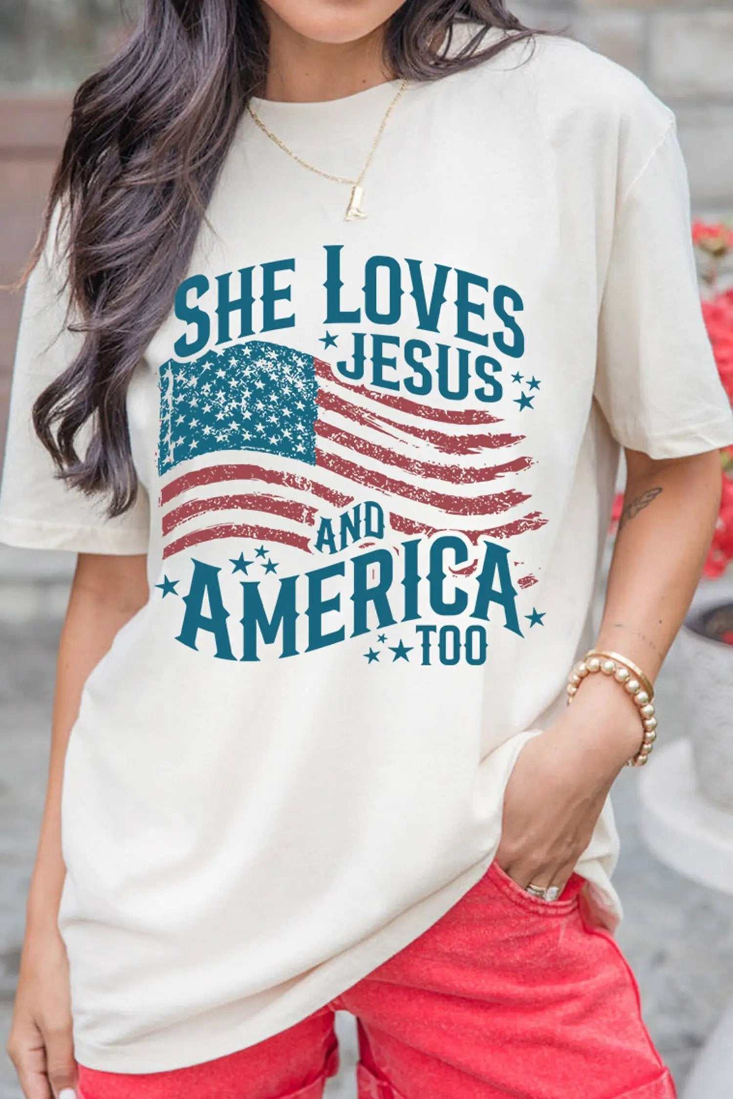 Patriotic Graphic Tee She Loves Jesus and America flag casual shirt