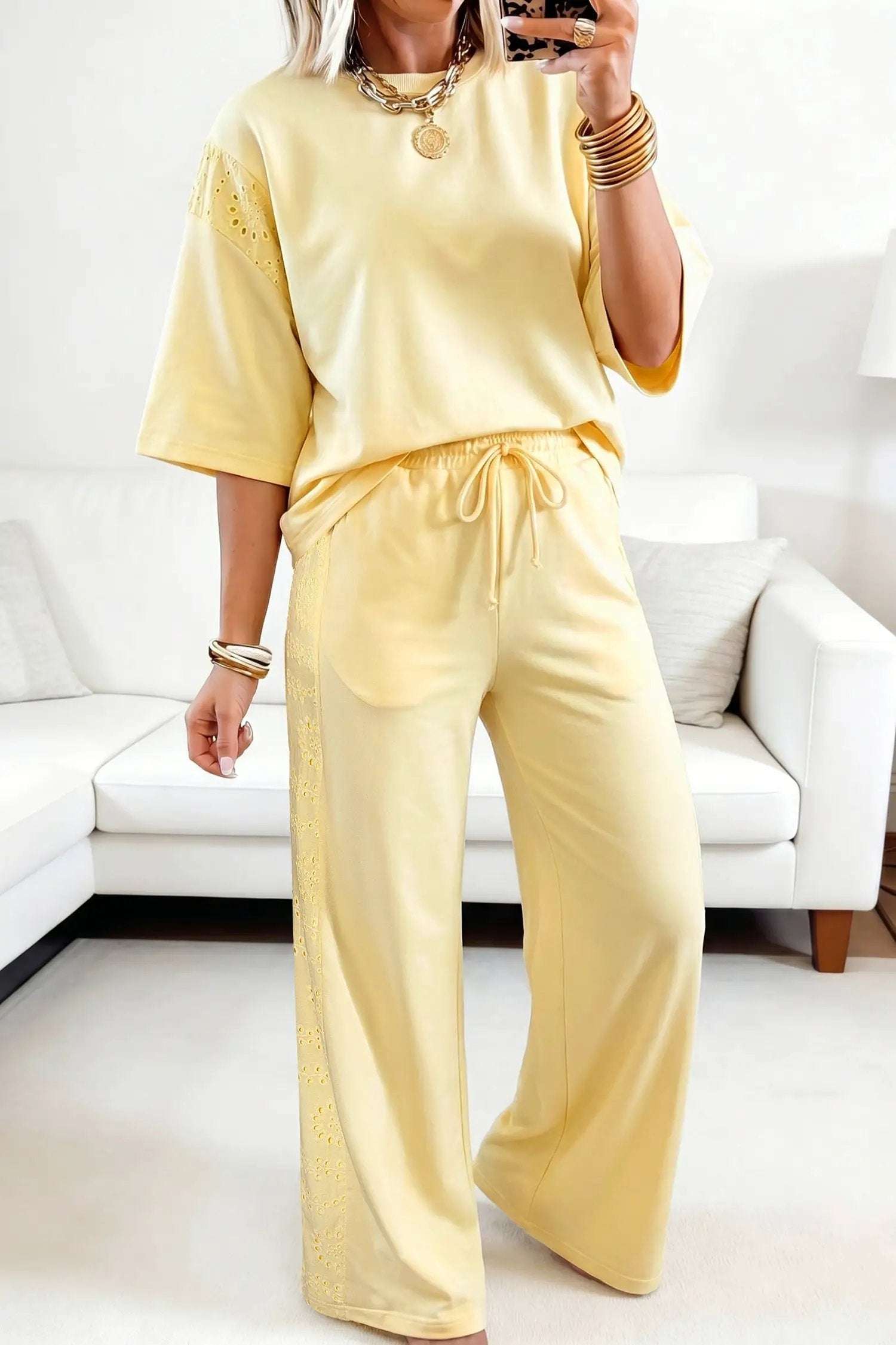 Two-Piece Lace Outfit Set with patchwork top and elastic-waist pants