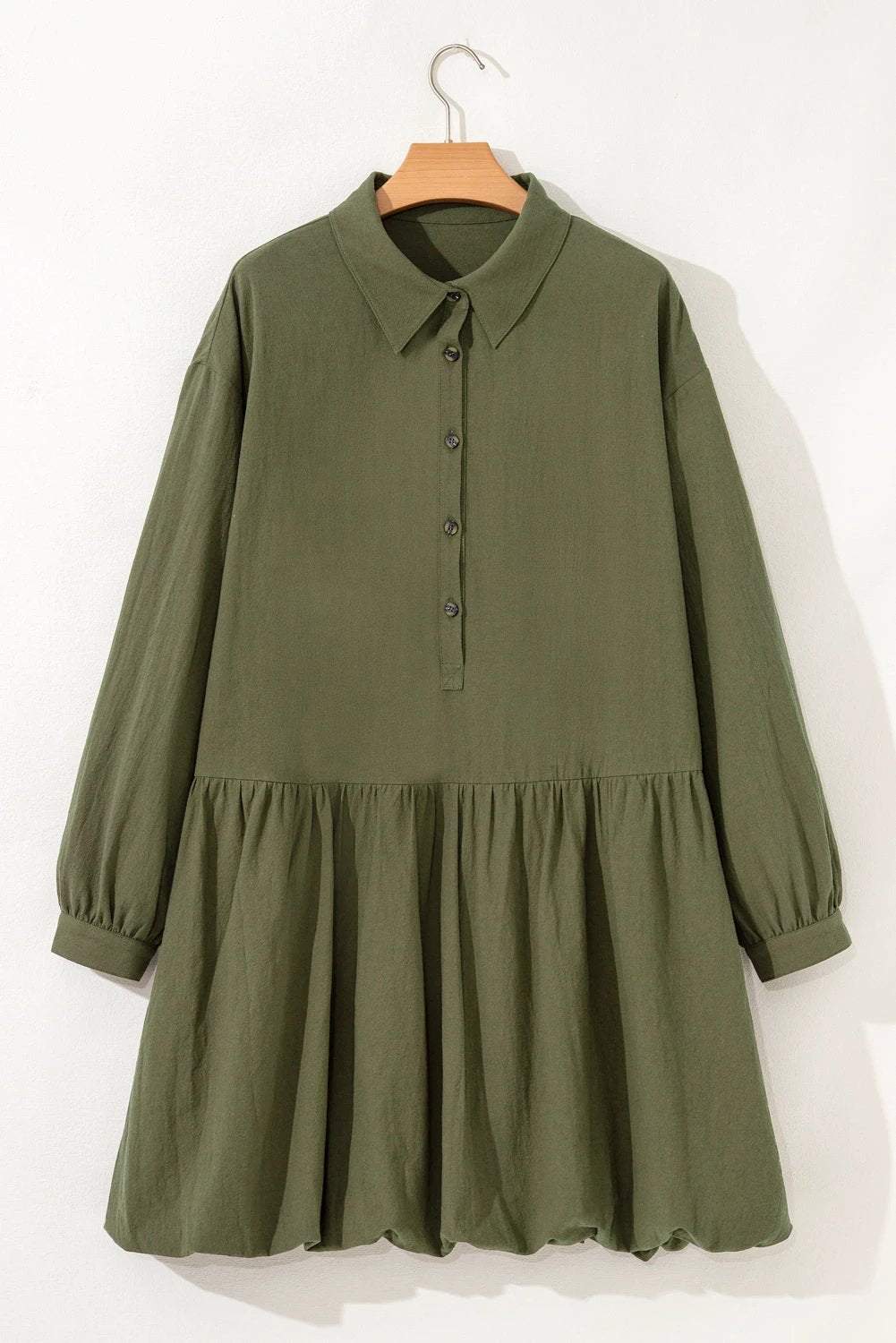 Plus size olive green collar button-front mini dress with long sleeves and ruffle hem