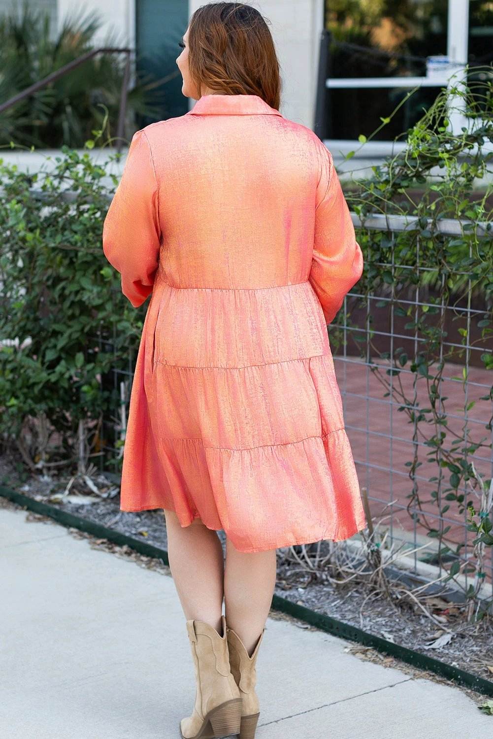 peach blossom metallic balloon sleeve shirt plus size mini dress for women casual everyday outfit