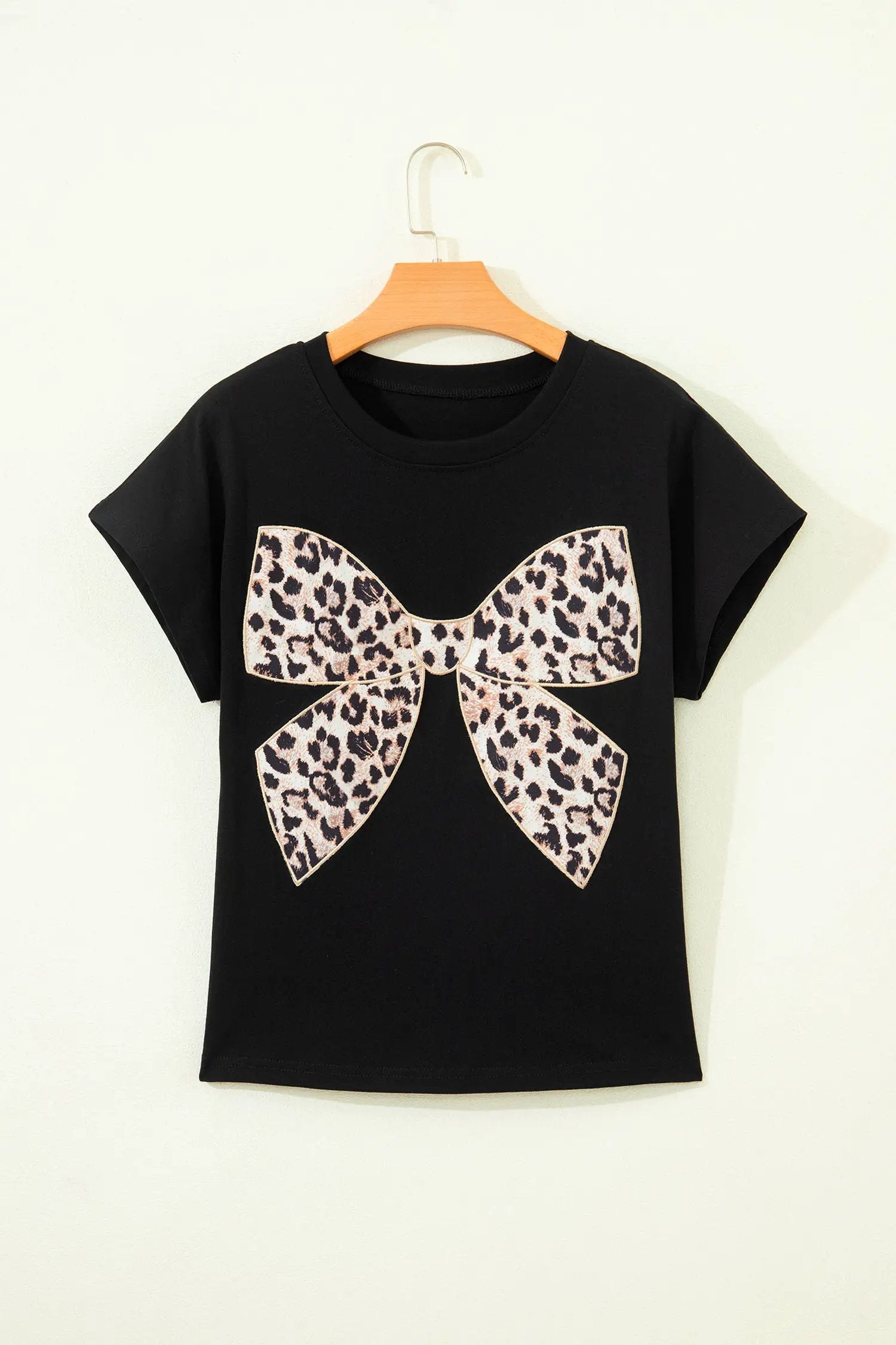Dear-Lover Dropshipping White Leopard Bow Embroidered Cotton Round Neck T Shirt - T-Shirts Tops/Tops & Tees