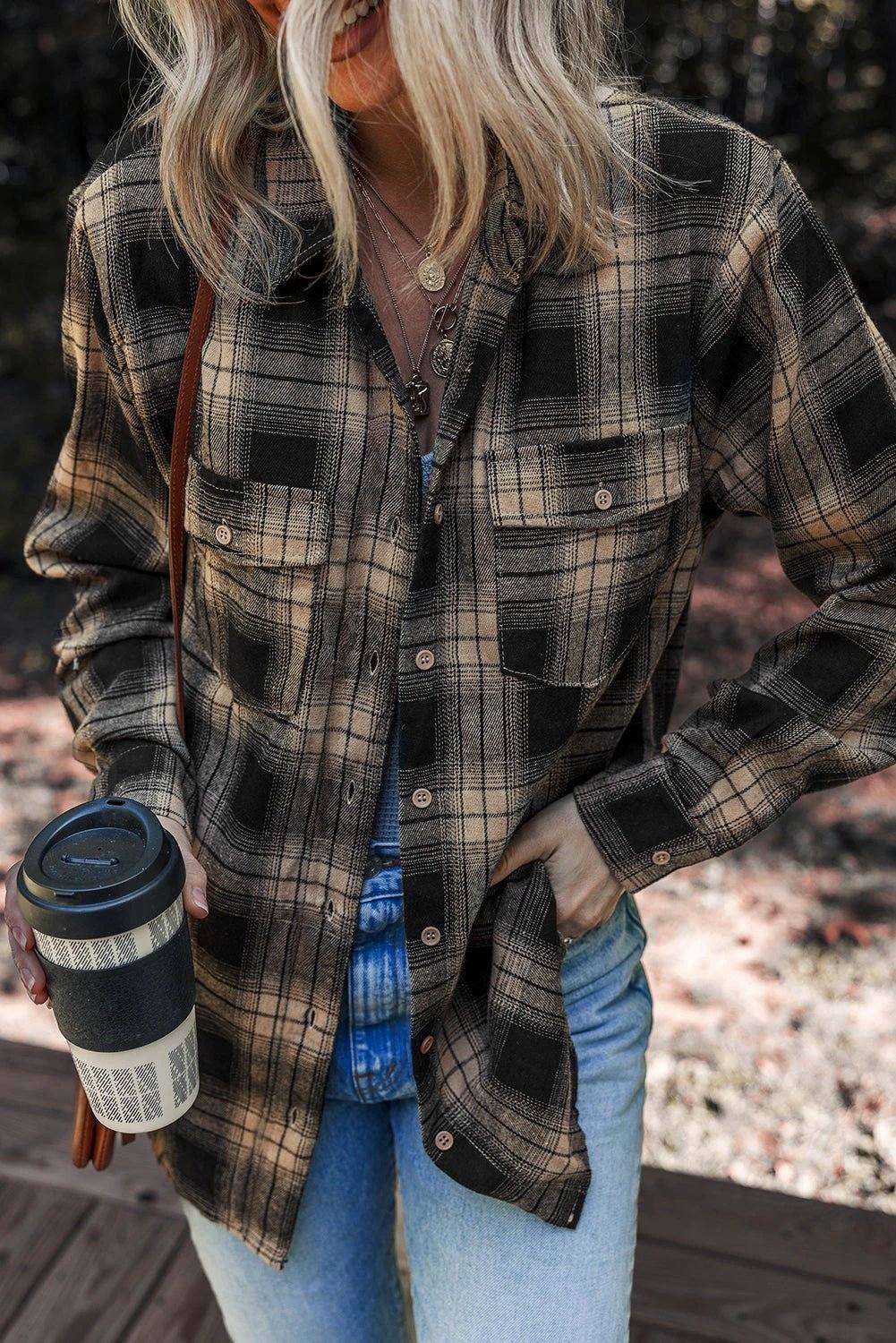 Woman wearing cozy retro plaid shacket with double flap pockets and button placket