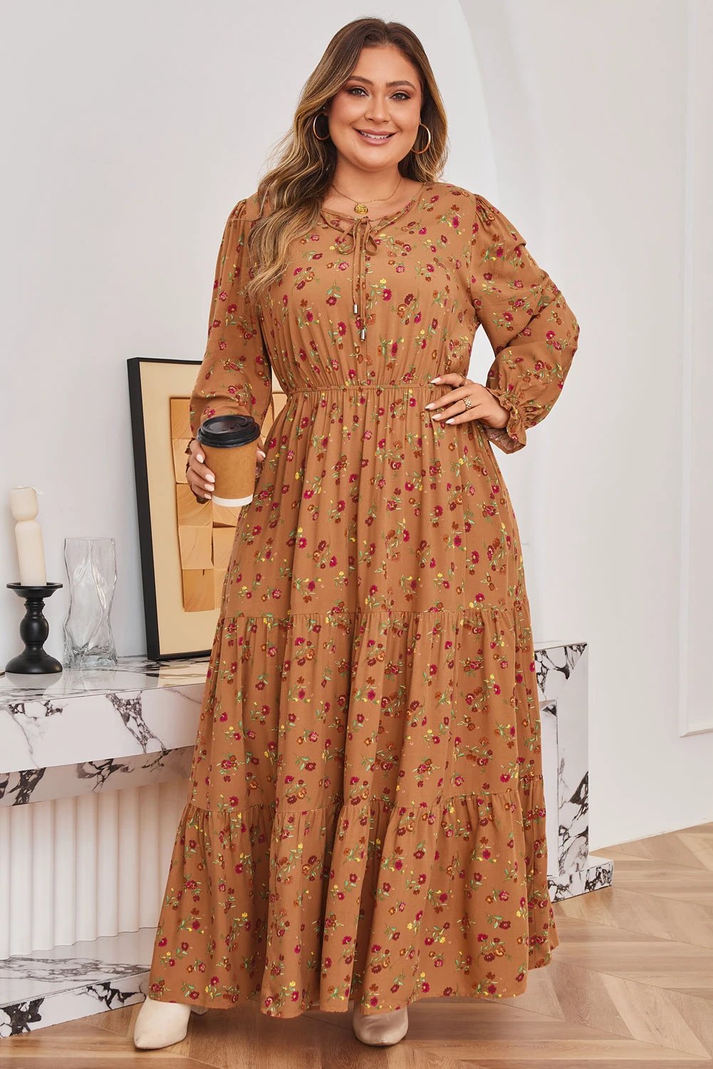 brown plus size floral split v neck ruffled sleeve tiered maxi dress for women casual everyday outfit