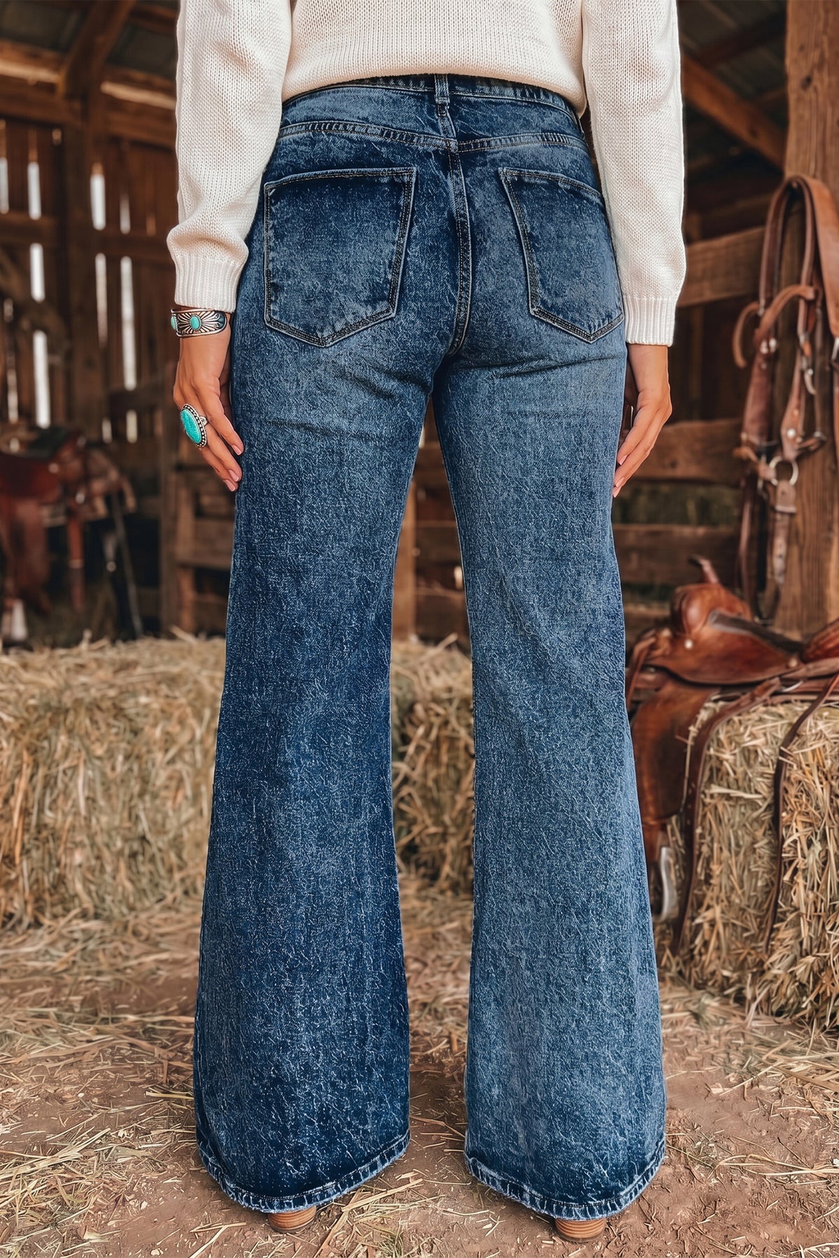 Acid Wash Pocket Detail Flare Jeans