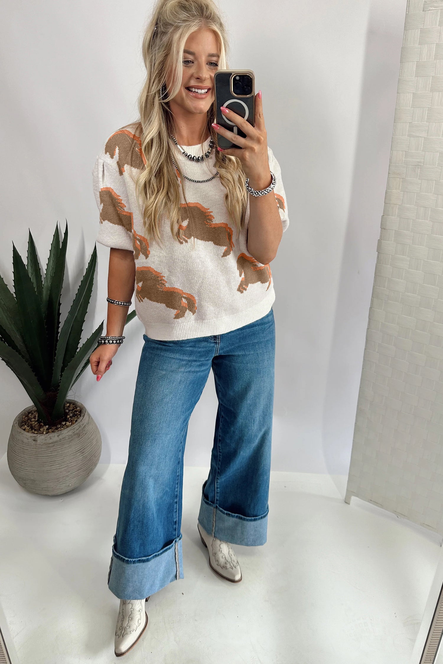 White Western Horse Printed Short Puff Sleeve Sweater