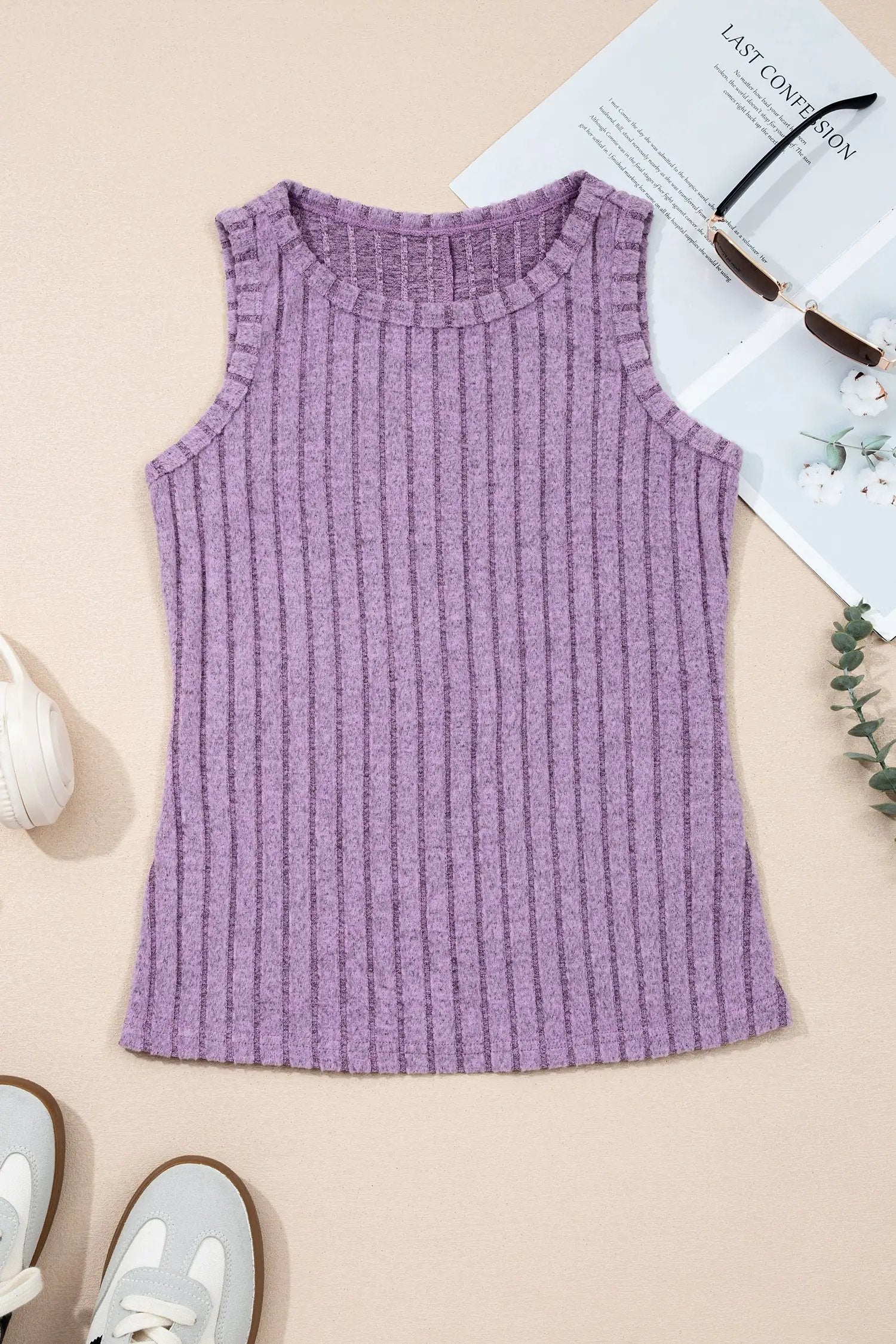 Purple slim ribbed mineral wash tank top styled with denim and western accents
