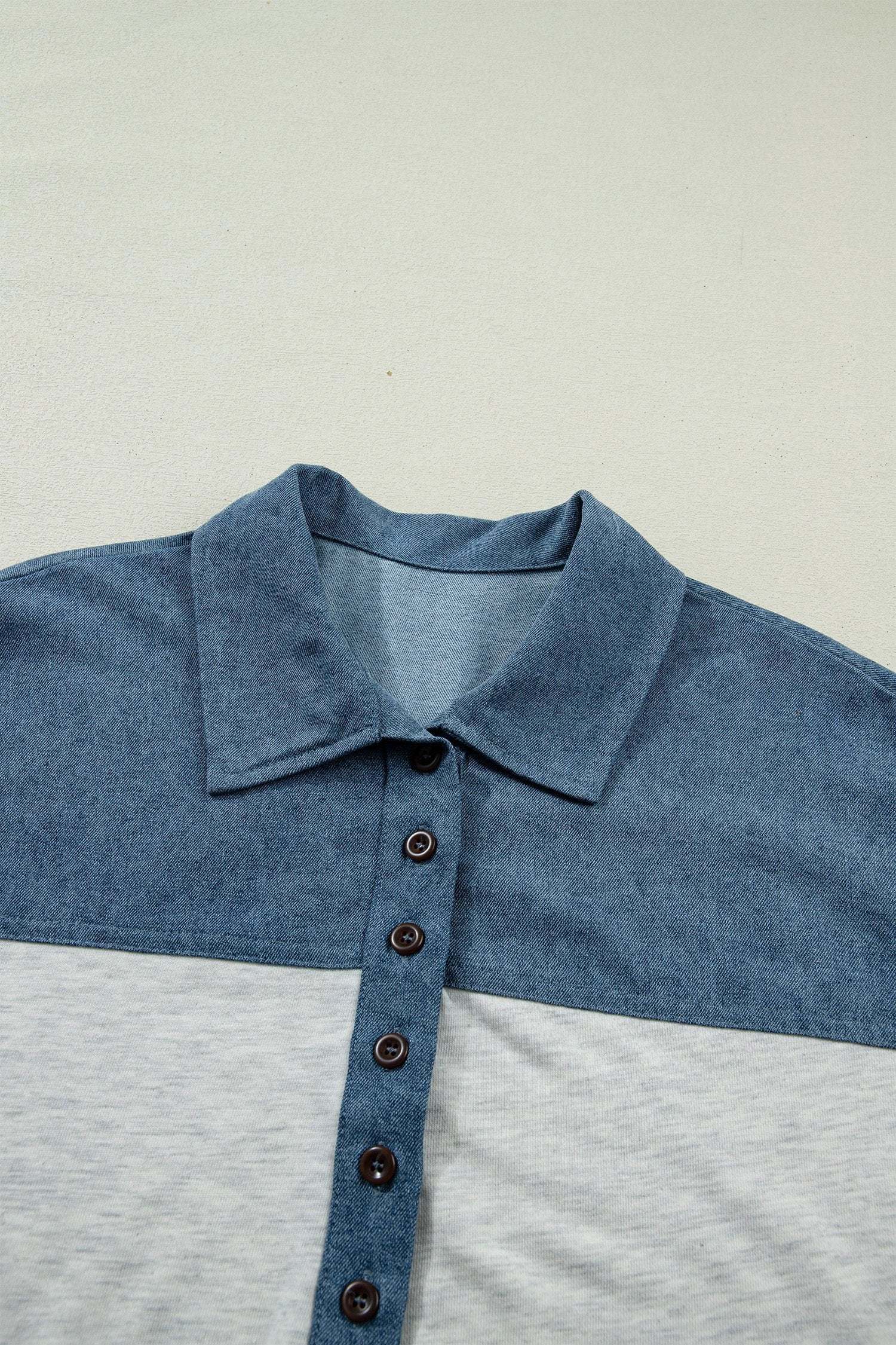 Western Chic color block denim patchwork polo top with button collar and short sleeves