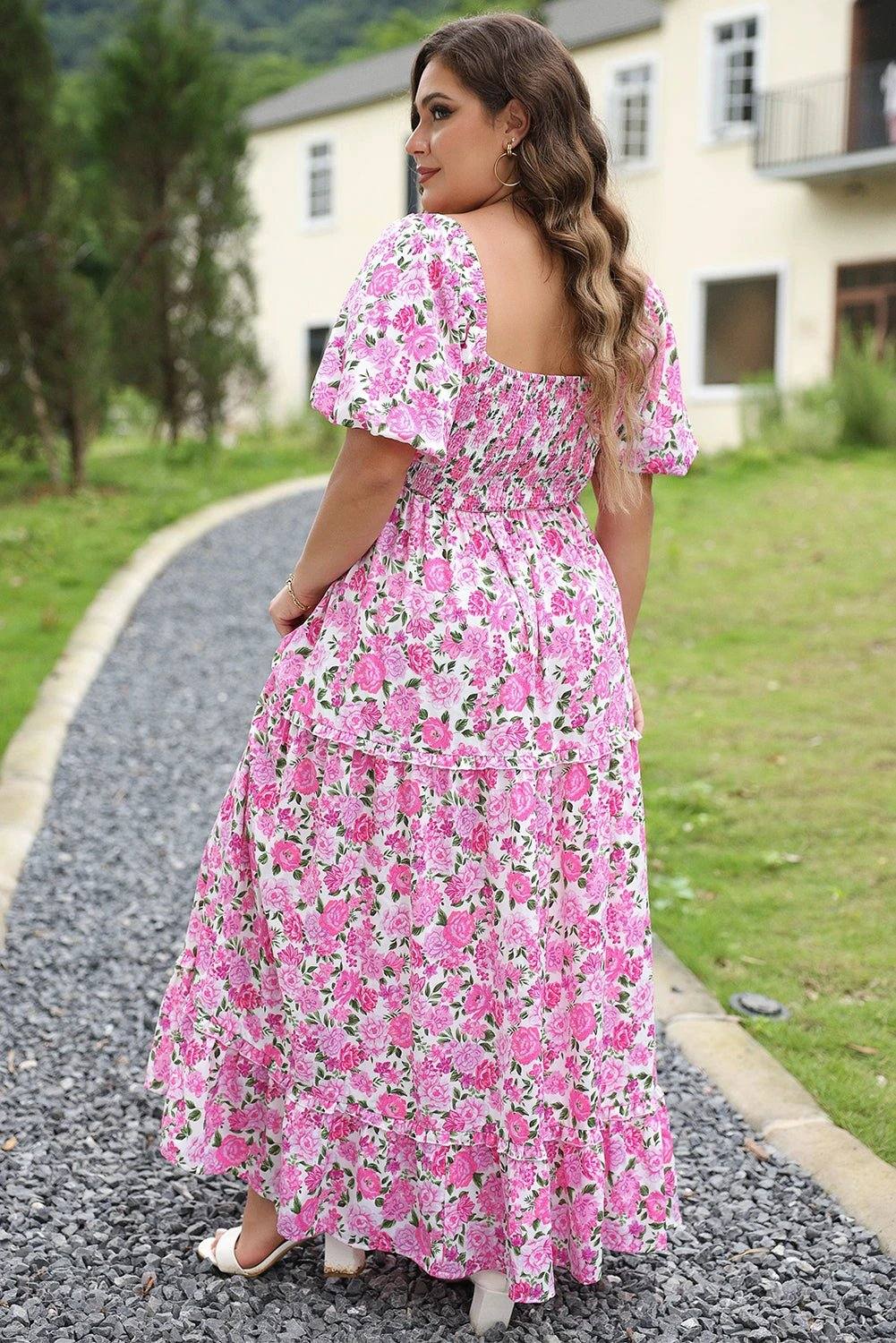 pink plus size floral print smocked puff sleeve dress for women casual everyday outfit
