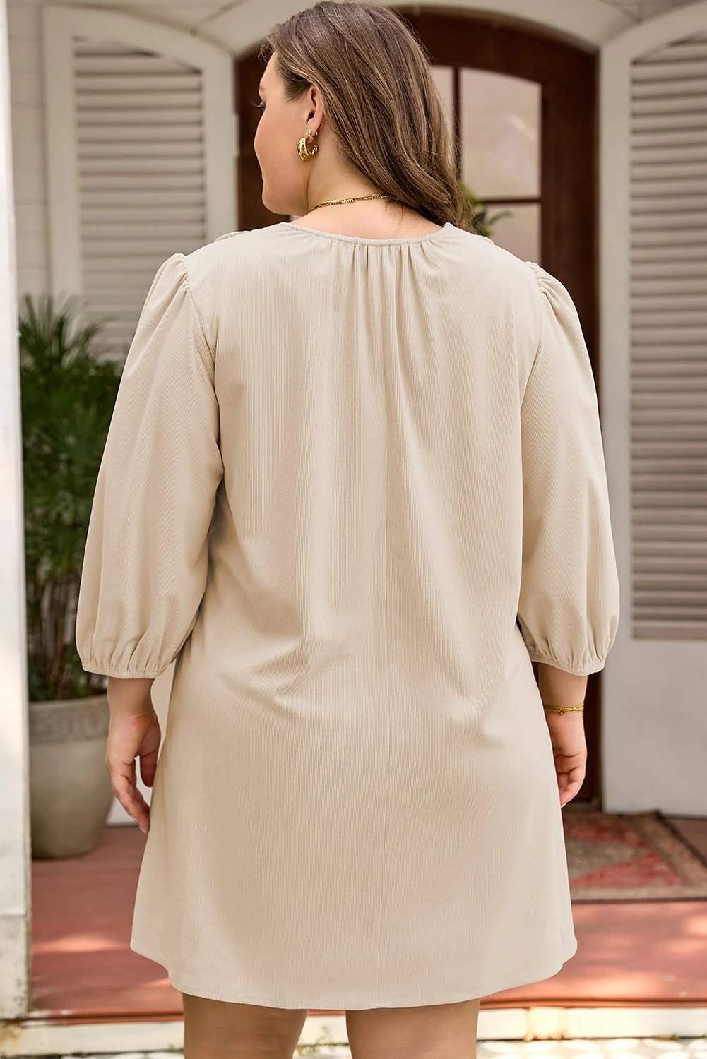 Plus size khaki corduroy mini dress with notched scallop neckline and puff sleeves