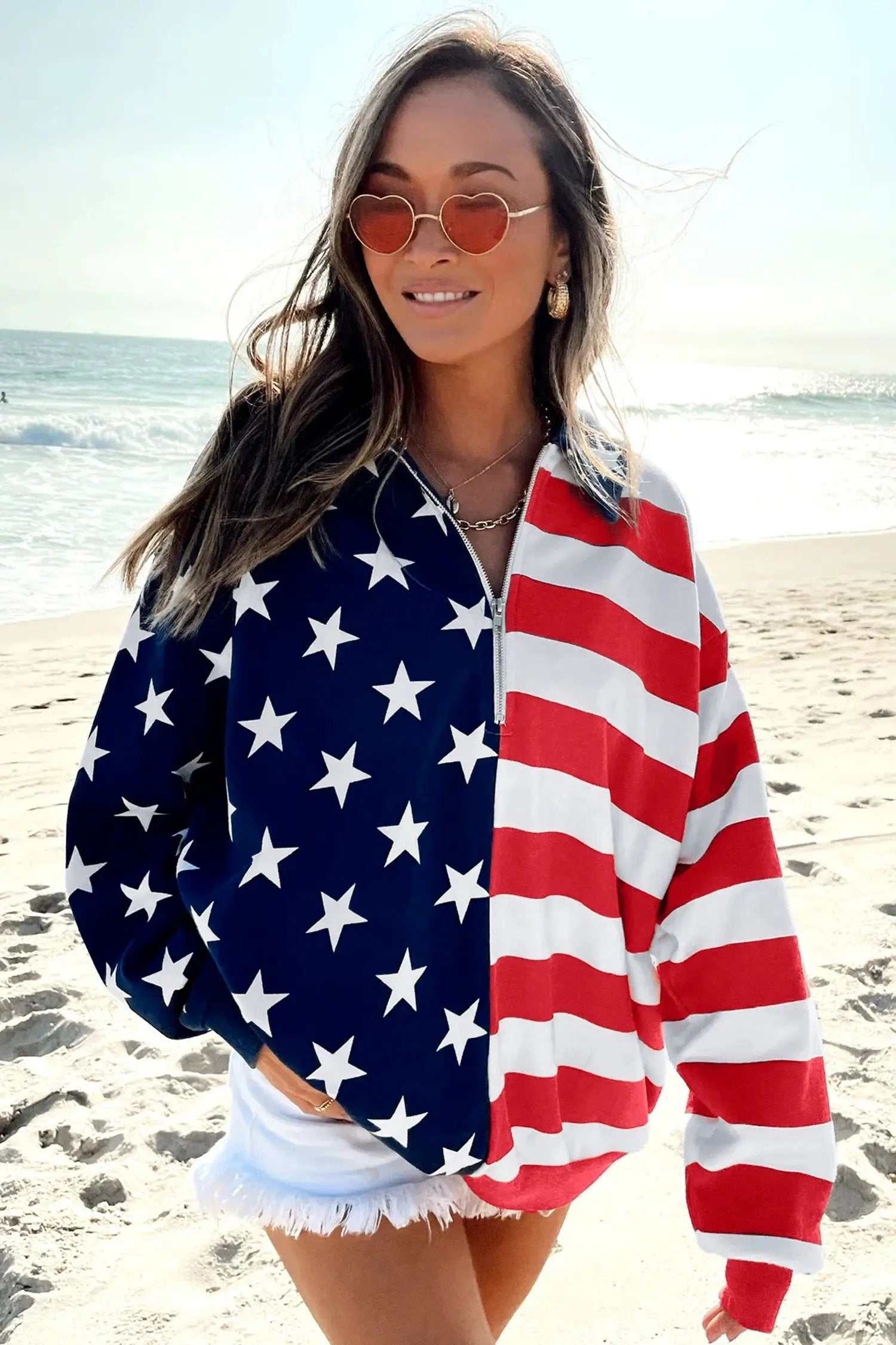 Oversized American Flag Sweatshirt with zipped collar patriotic casual top