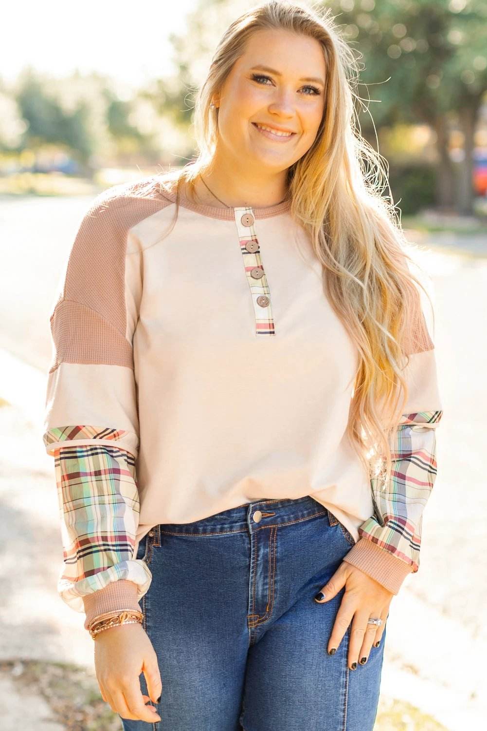 Plus-size Everyday Diva plaid color block layered Henley top with relaxed fit and patchwork sleeves