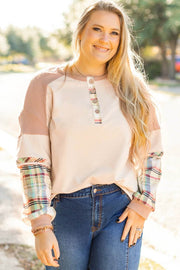 Plus-size Everyday Diva plaid color block layered Henley top with relaxed fit and patchwork sleeves