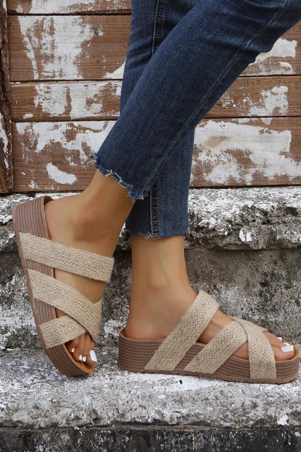 Woven criss-cross slip-on sandals with breathable hollowed straps and cushioned footbed for everyday comfort