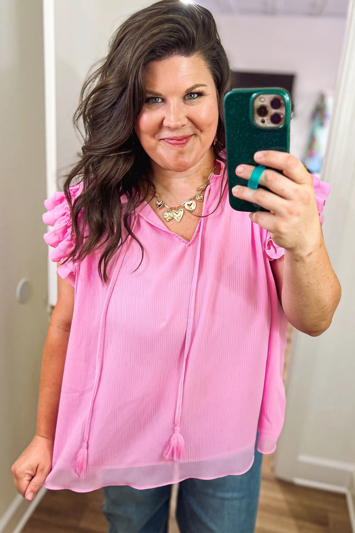 Dear-Lover Dropshipping Bonbon Plus Size Textured Tassel Tie V Neck Ruffle Short Sleeve Blouse - Plus Size/Plus Size Tops/Plus Size Blouses & Shirts