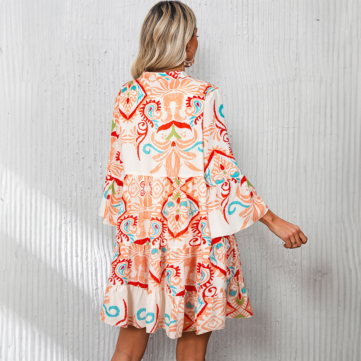 Printed Tribal Bracelet Sleeve Buttoned Mini Dress — everyday dress for women | J&H Apparel