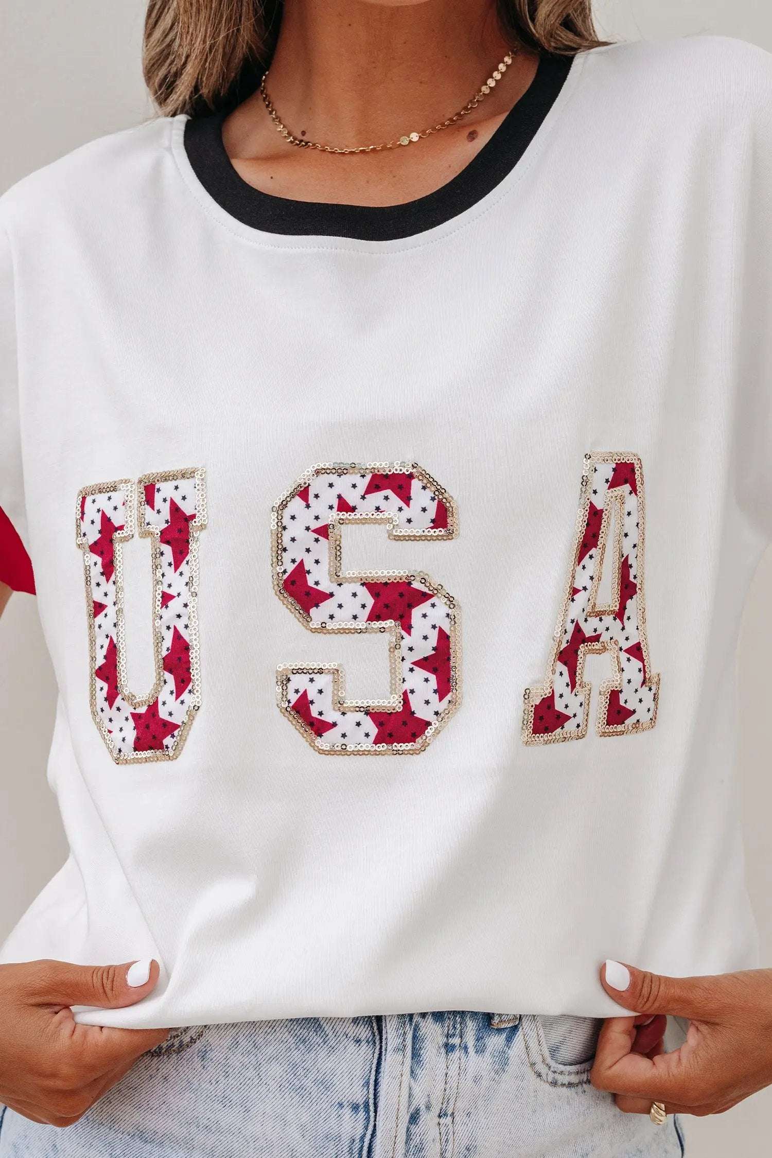 Star-Spangled Shine USA sequin loose fit t-shirt with color-block trim and relaxed silhouette