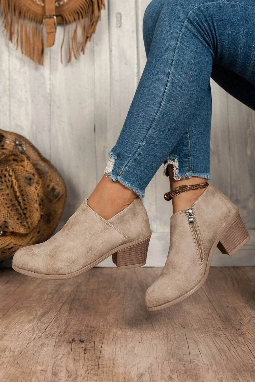 Philippine Gray tulip opening suede ankle boots with side zipper and chunky heel for casual chic style