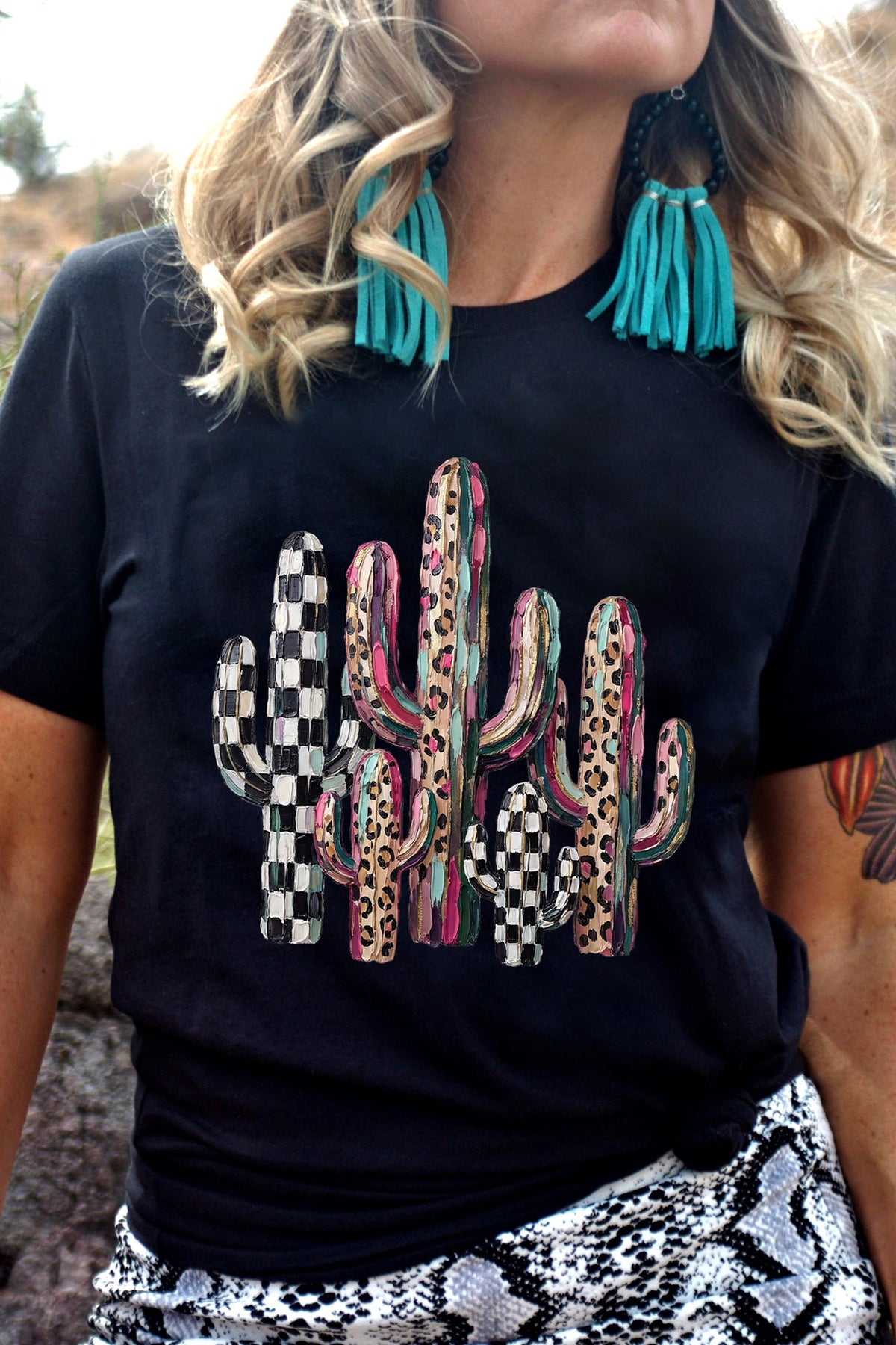Mixed Pattern Cactus Graphic Print Relaxed T-Shirt