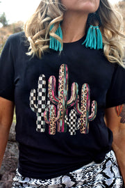 Mixed Pattern Cactus Graphic Print Relaxed T-Shirt