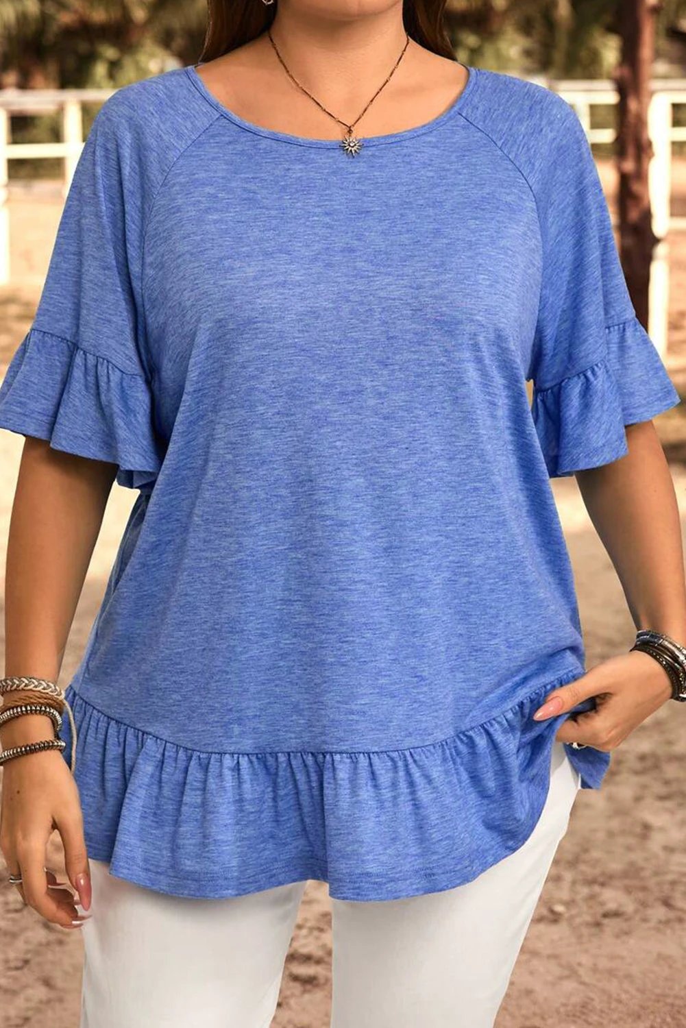 Dear-Lover Dropshipping Dusk Blue Ruffled Short Sleeve Plus Size Casual Blouse - Plus Size/Plus Size Tops/Plus Size Tops & Tees
