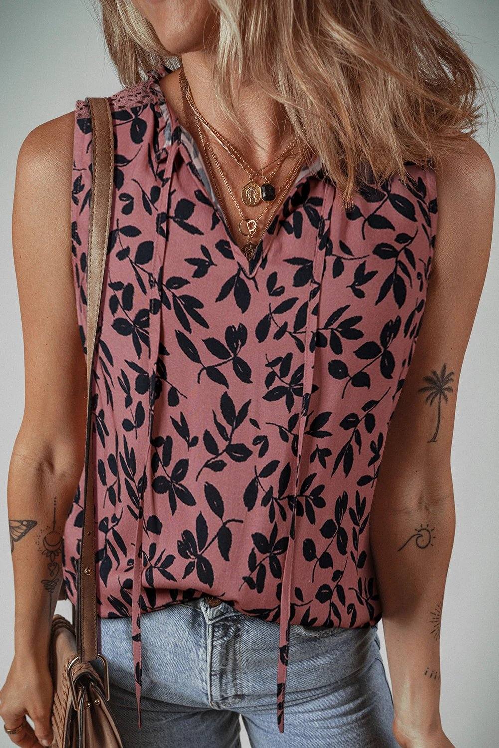 Leaf Print Lace-Up Tank Top