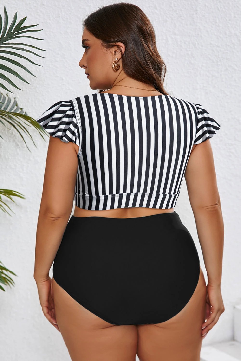 black stripe plus size knot cutout ruffle sleeve and high waisted 2pcs swimsuit for women casual everyday outfit