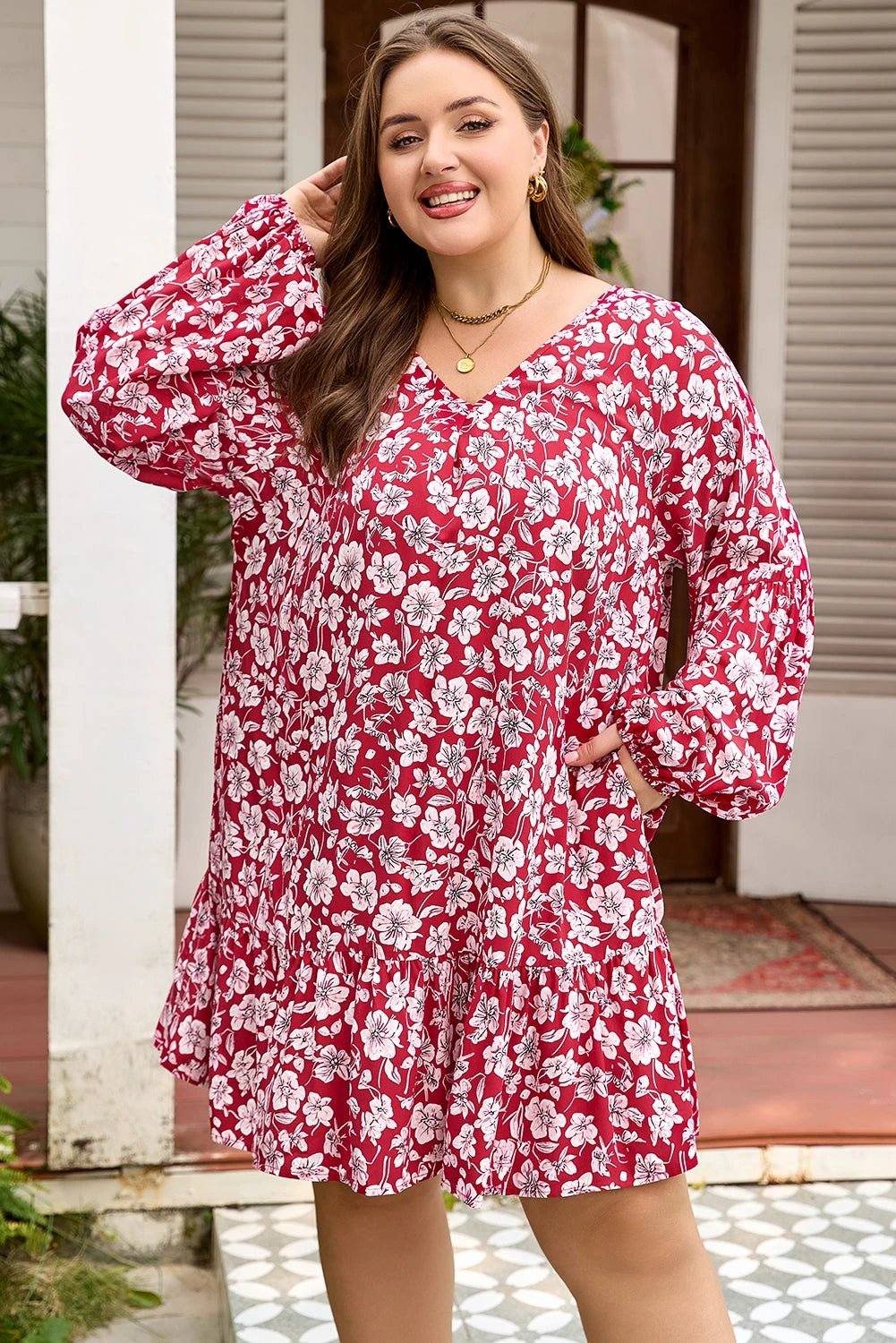 purple plus floral balloon sleeve v neck relaxed dress for women casual everyday outfit