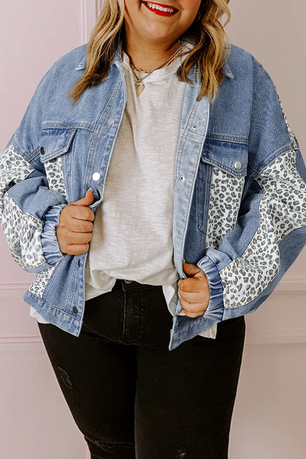 Soft Denim Blue leopard patchwork flap detail plus size denim jacket for women casual everyday outfit