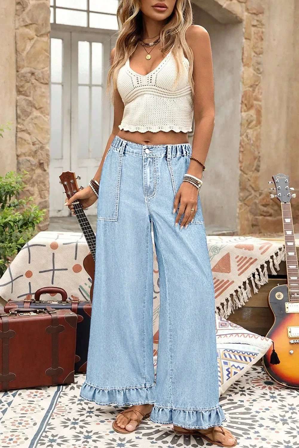 Plus Size Wide Leg Denim Pants with elastic waist and ruffled detail