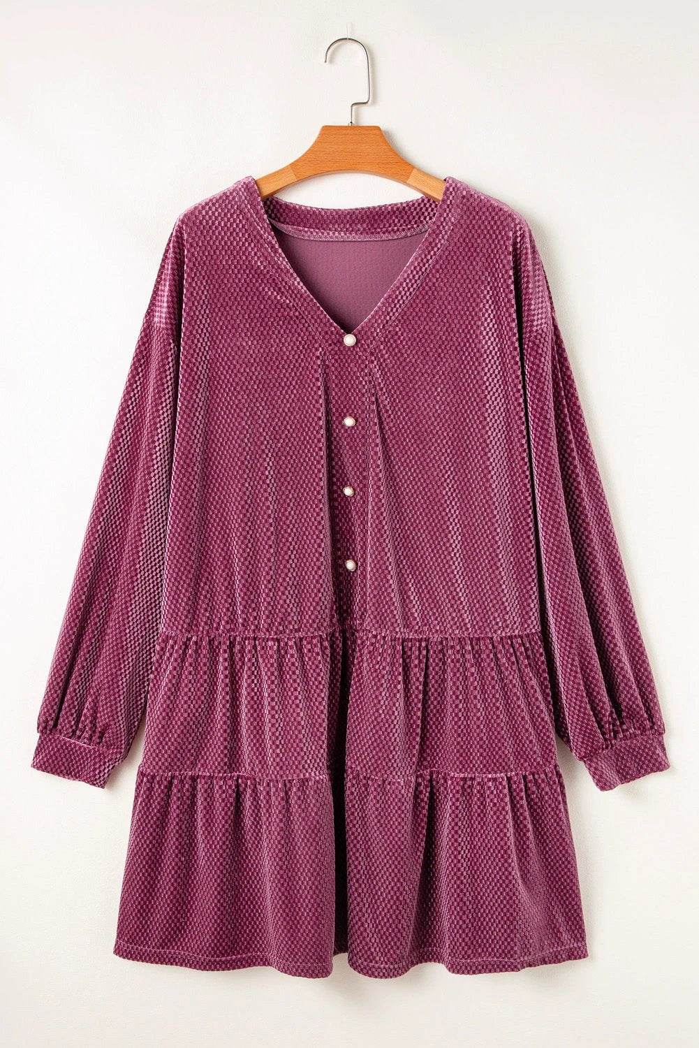 Plus size textured velvet tiered dress in meadow mauve with button details and relaxed A-line fit