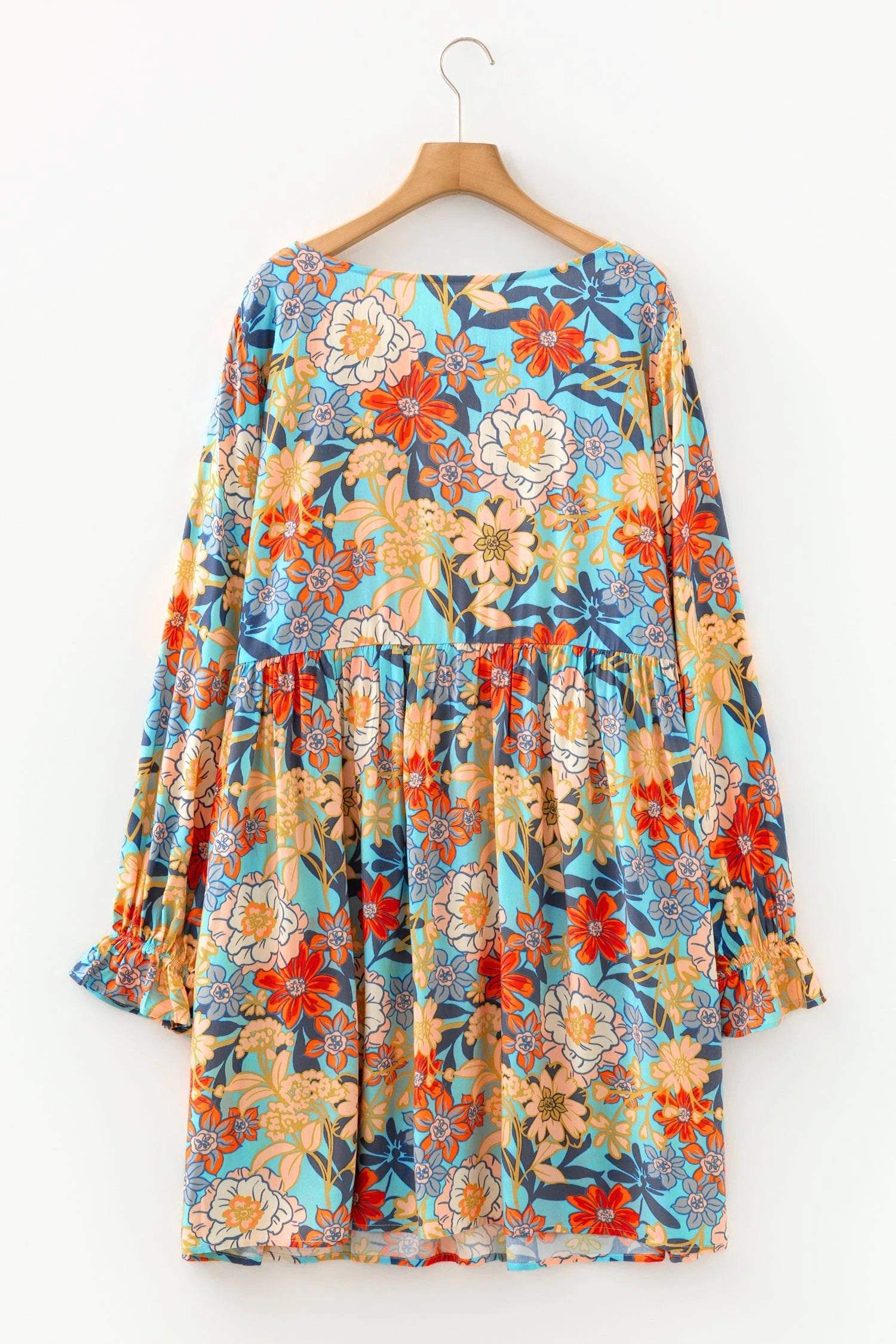 Plus size floral ruffled long sleeve flowy mini dress with boho print