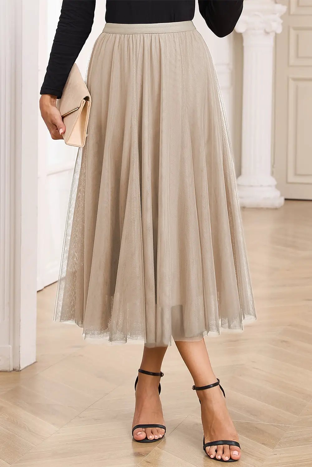 Apricot Tulle Mesh Overlay Flared Midi Skirt