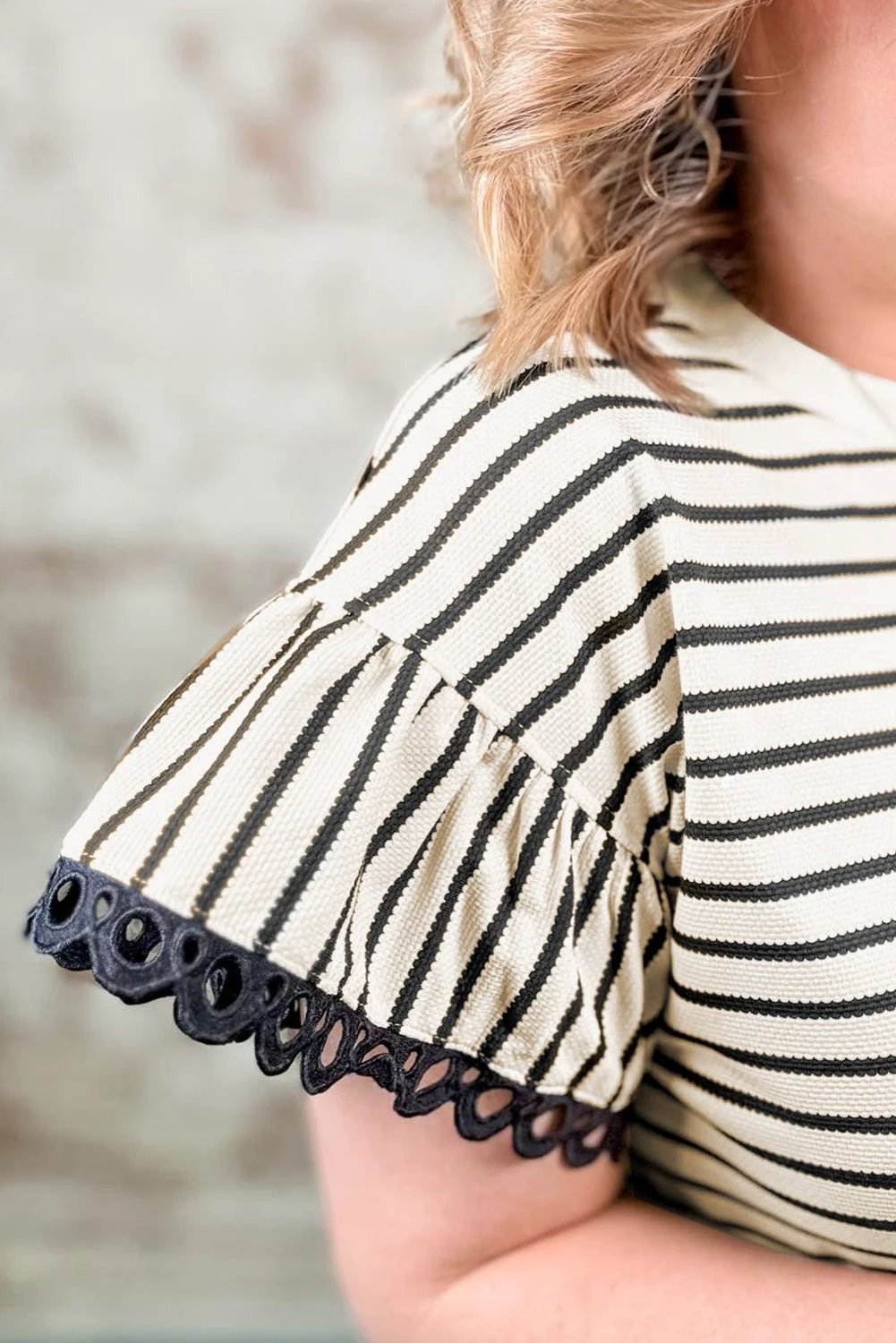 Dear-Lover Dropshipping Black Stripe Eyelet Trimmed Ruffled Short Sleeve Plus Size Top - Plus Size/Plus Size Tops/Plus Size Tops & Tees