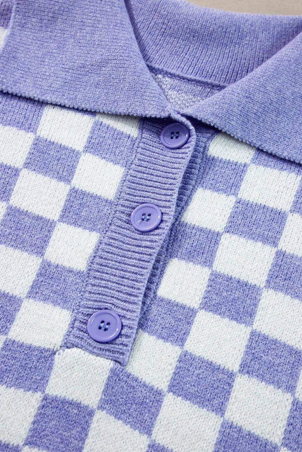 Plus size checkered purple collared button-front sweater with relaxed fit and ribbed cuffs