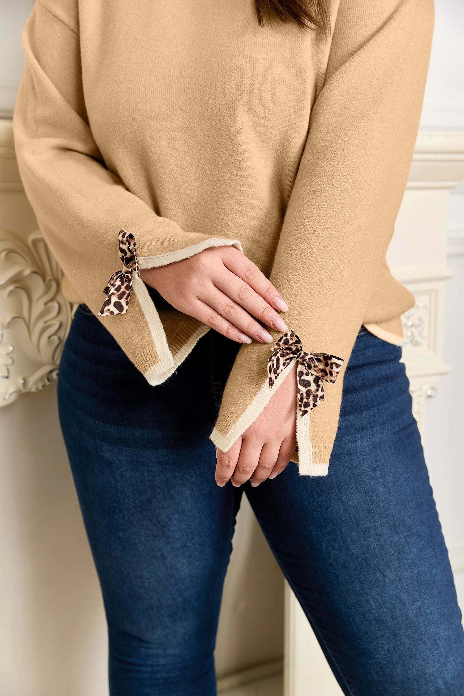 tan plus size leopard bow decor split cuffs loose sweater for women casual everyday outfit