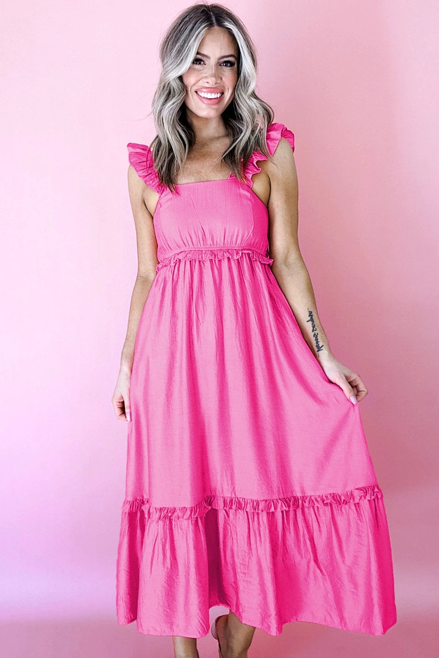 Pink ruffle trim high-waist sleeveless maxi dress from Southern Charm collection in bonbon solid color