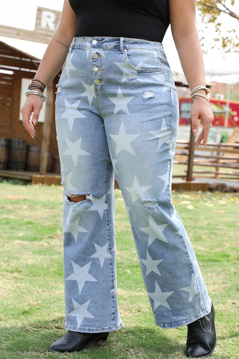 sky blue star printed multi buttons slit knee destroyed plus size jeans for women casual everyday outfit