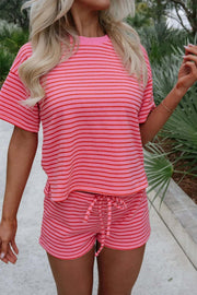 Stripe Knit Matching Set with tee, drawstring shorts, and side split detail