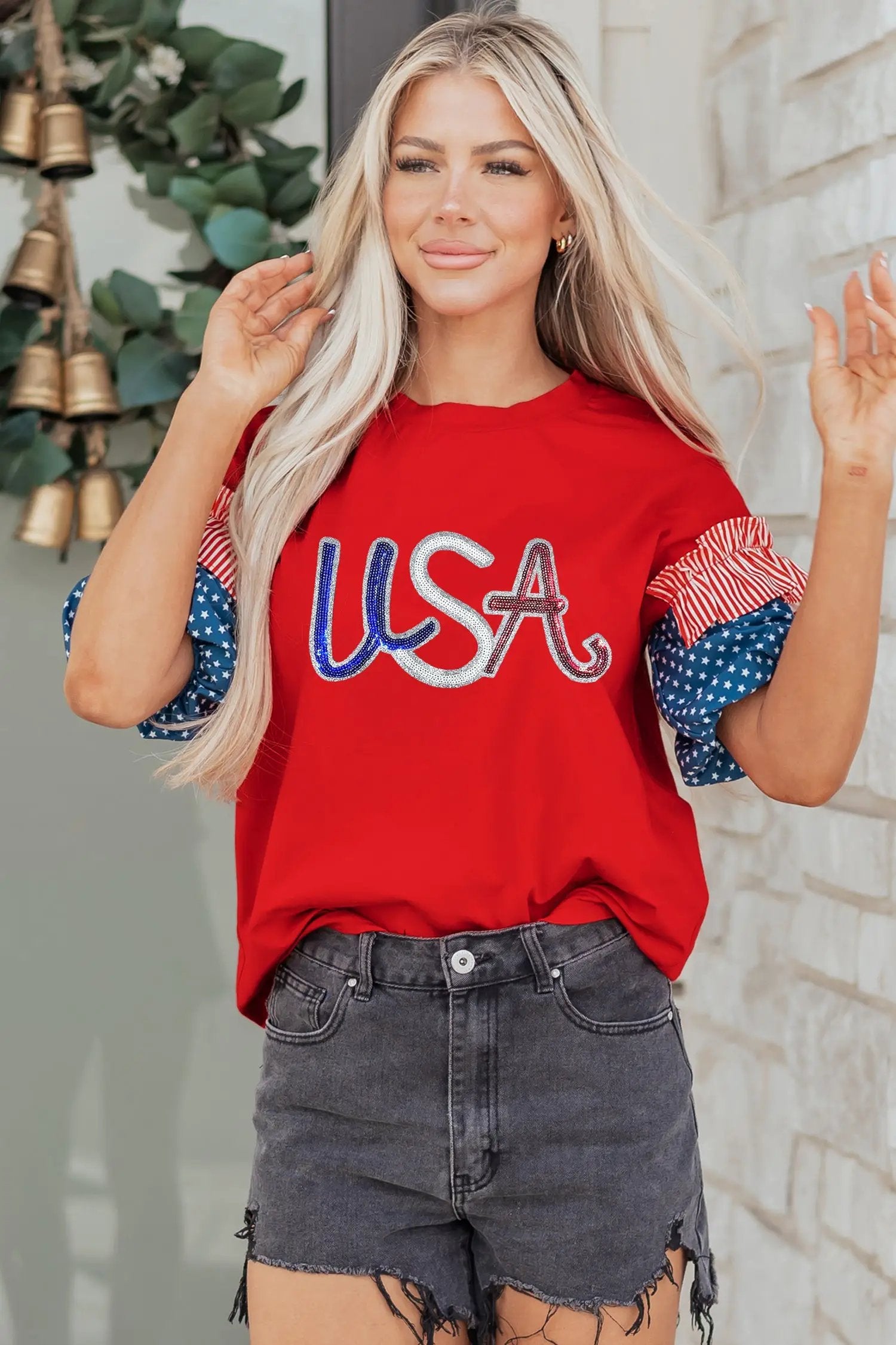 Red Fiery Red Sequin USA graphic tee with contrast blue star spliced sleeves