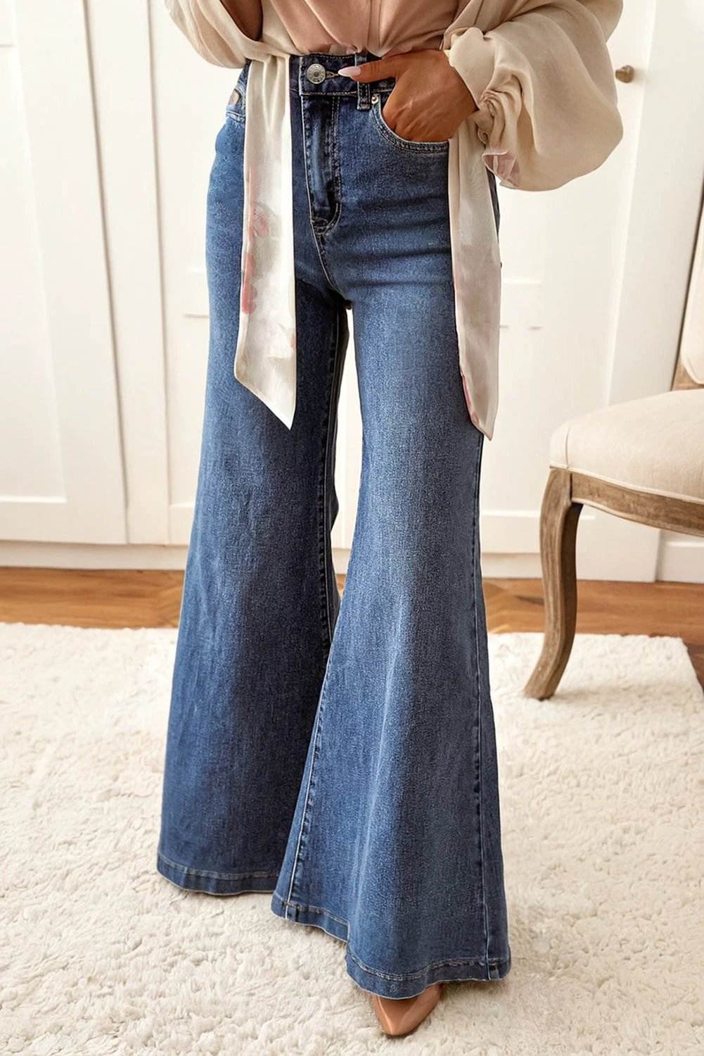 Mom Chic high-waist button-fly wide-leg denim jeans in classic blue wash